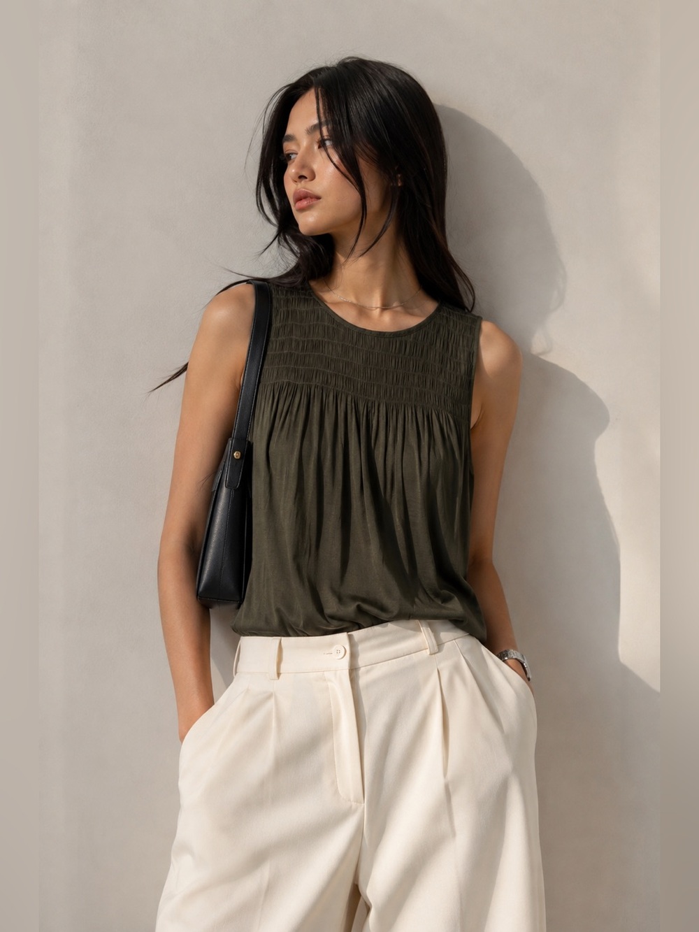 Dolan Left Coast Collection Olive Green Sleeveless Smocked Blouse | Size M